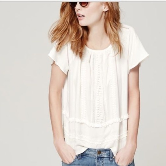 LOFT Tops - LOFT Embroidered Top with Fringe Detail